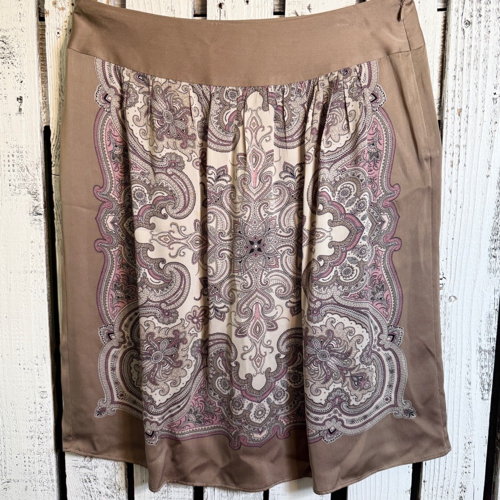 Calvin Klein Silk Scarf Paisley Floral Skirt Size 10 Tan Pink Pleated Fairy Boho